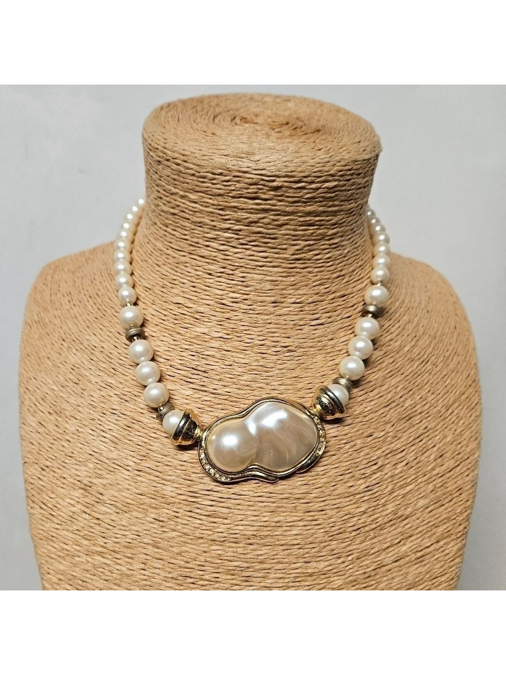 Vintage Japan Faux White Baroque Pearl & Crystal Necklace